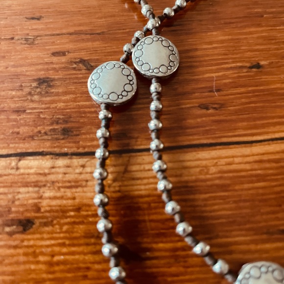 Silver bead layering necklace with leather knots 30 inches single or double wrap - Picture 4 of 9